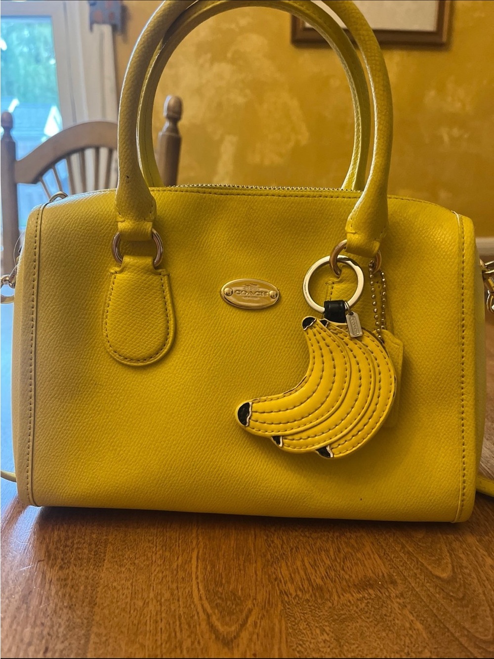 Coach Yellow Leather Satchel with Banana Charm Keyring